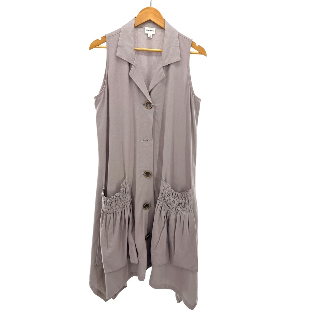 For Cynthia Linen Blend Shark Bite Hem Shirt Dress‎ Size S Patch Rushed Pockets